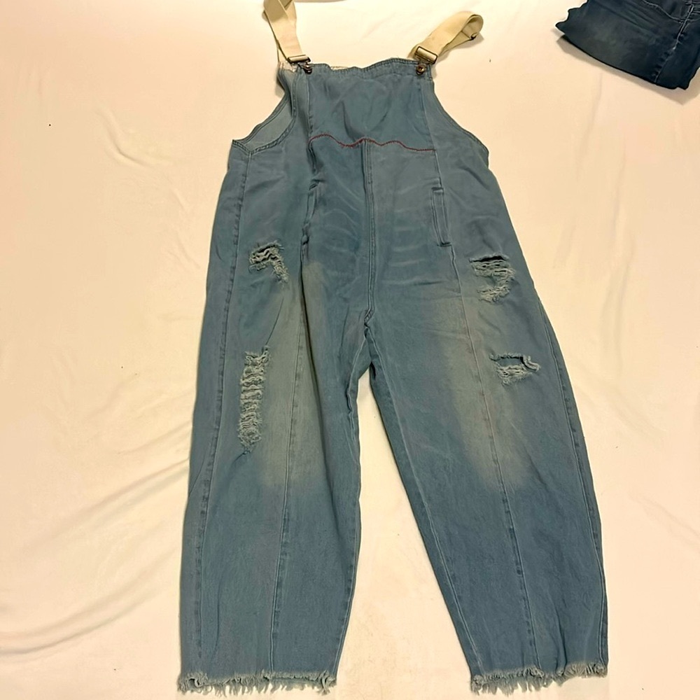 Denim Overalls with pin tuck detail on leg and red stitching detail